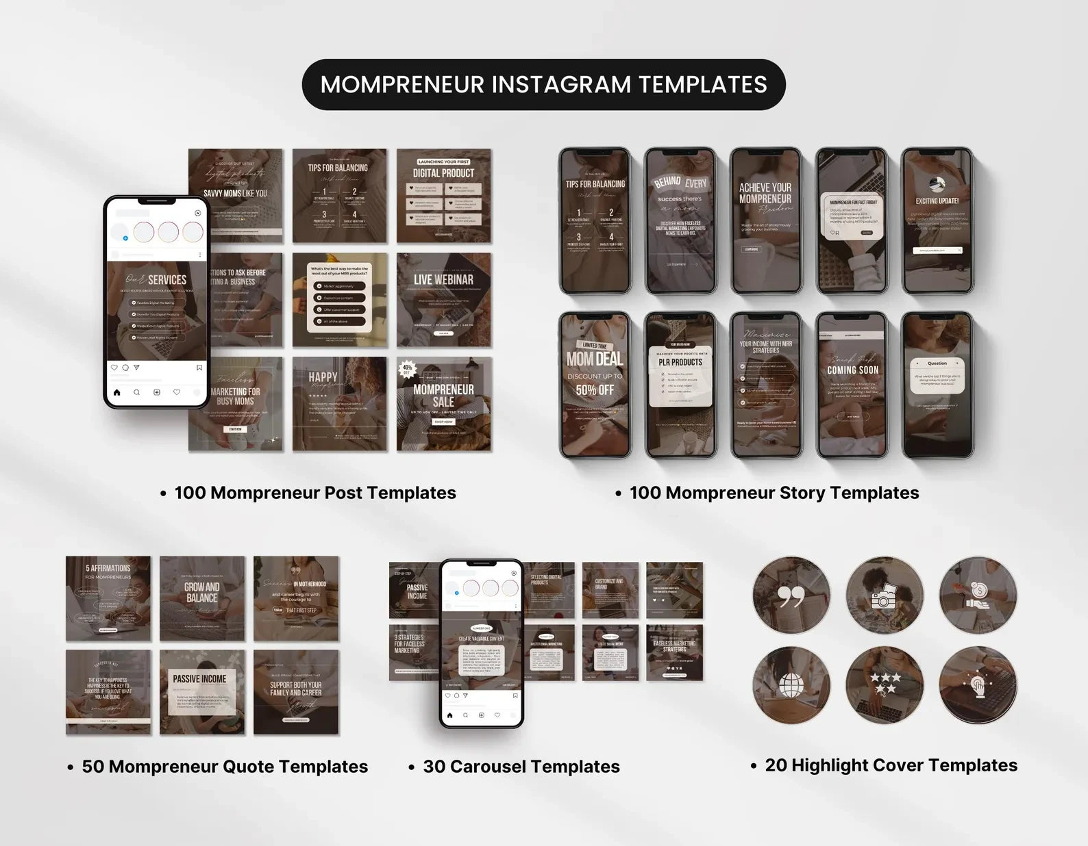 Mompreneur Social Media Templates Bundle with PLR & MRR, Faceless Mom Instagram,