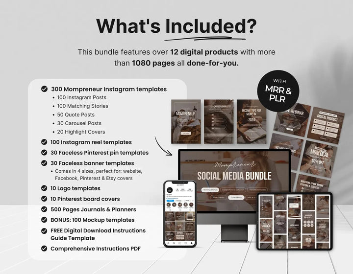 Mompreneur Social Media Templates Bundle with PLR & MRR, Faceless Mom Instagram,