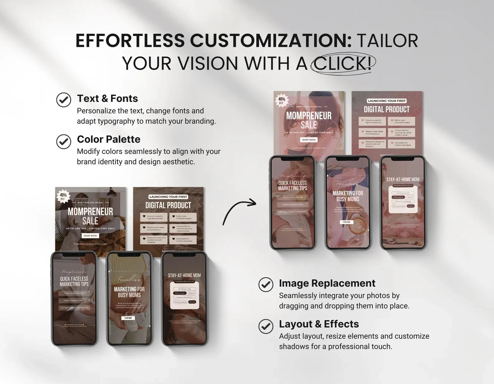 Mompreneur Social Media Templates Bundle with PLR & MRR, Faceless Mom Instagram,